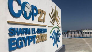 A sign showing COP27 in Egypt.