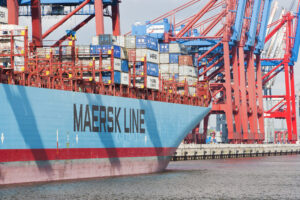  A container ship in the famous container terminal of Hamburg- Waltershof. 