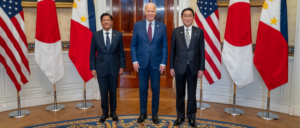 President Ferdinand Marcos Jr., President Joe Biden, and Prime Minister Fumio Kishida stand shoulder-to-shoulder at the White House.